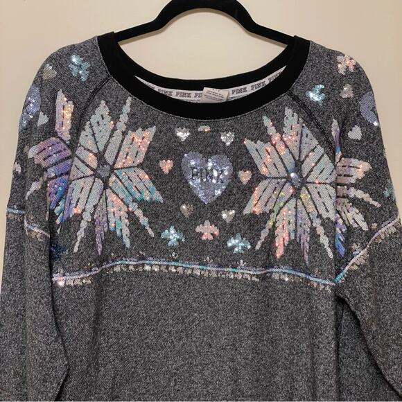 Y2K Pink Victoria’s Secret Vintage S sweatshirt sequin winter snowflakes heart - Picture 2 of 8